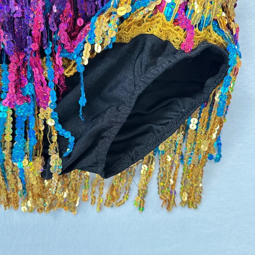 Glamour Costumes Dance Leotard Kids LC Colorful Sequin Fringe Halter T-Strap VTG